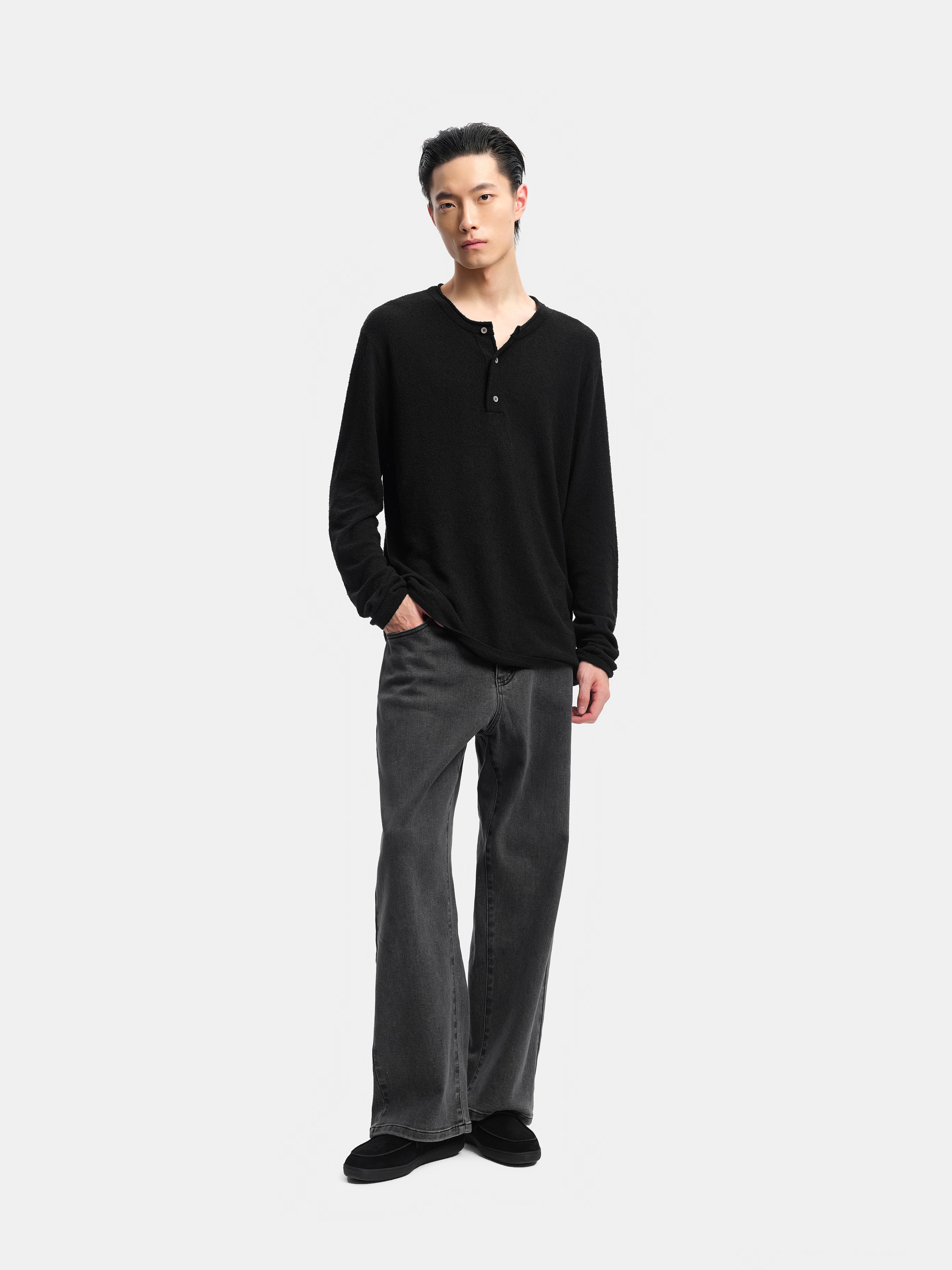 n. Straight Cotton-Linen Henley Knit Sweater