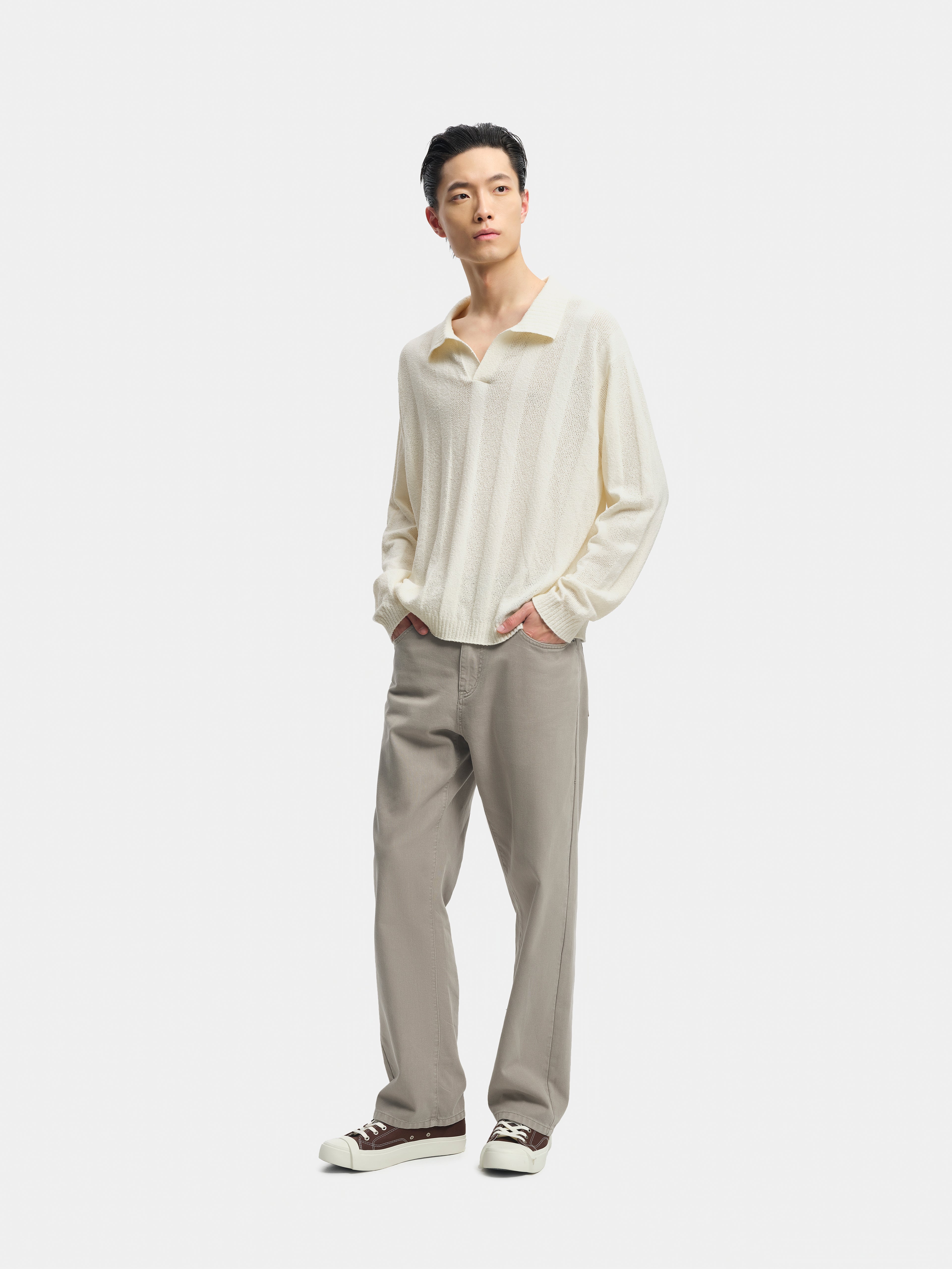 n. Relaxed Open-Collar Textured Pullover Knit