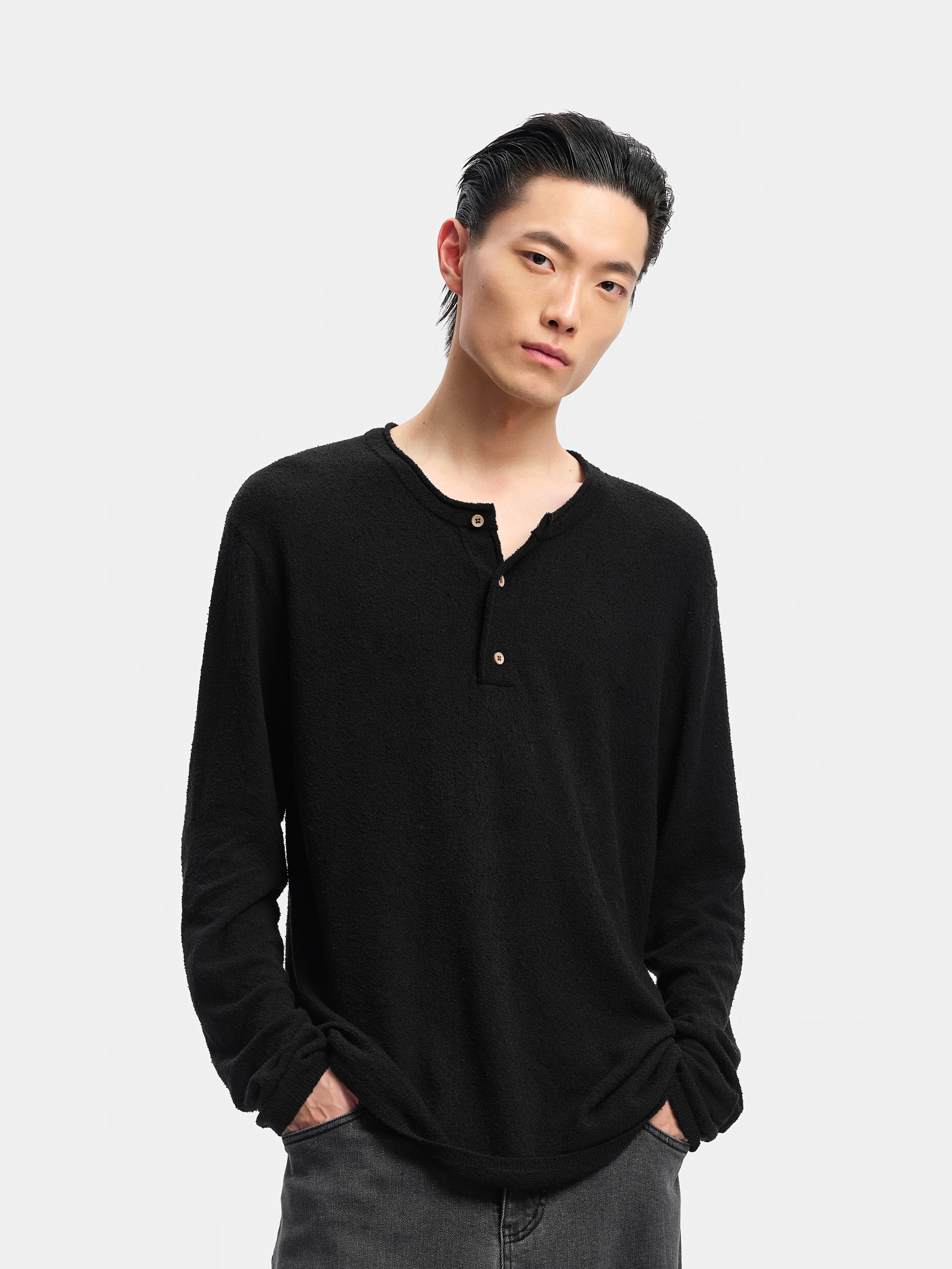 n. Straight Cotton-Linen Henley Knit Sweater