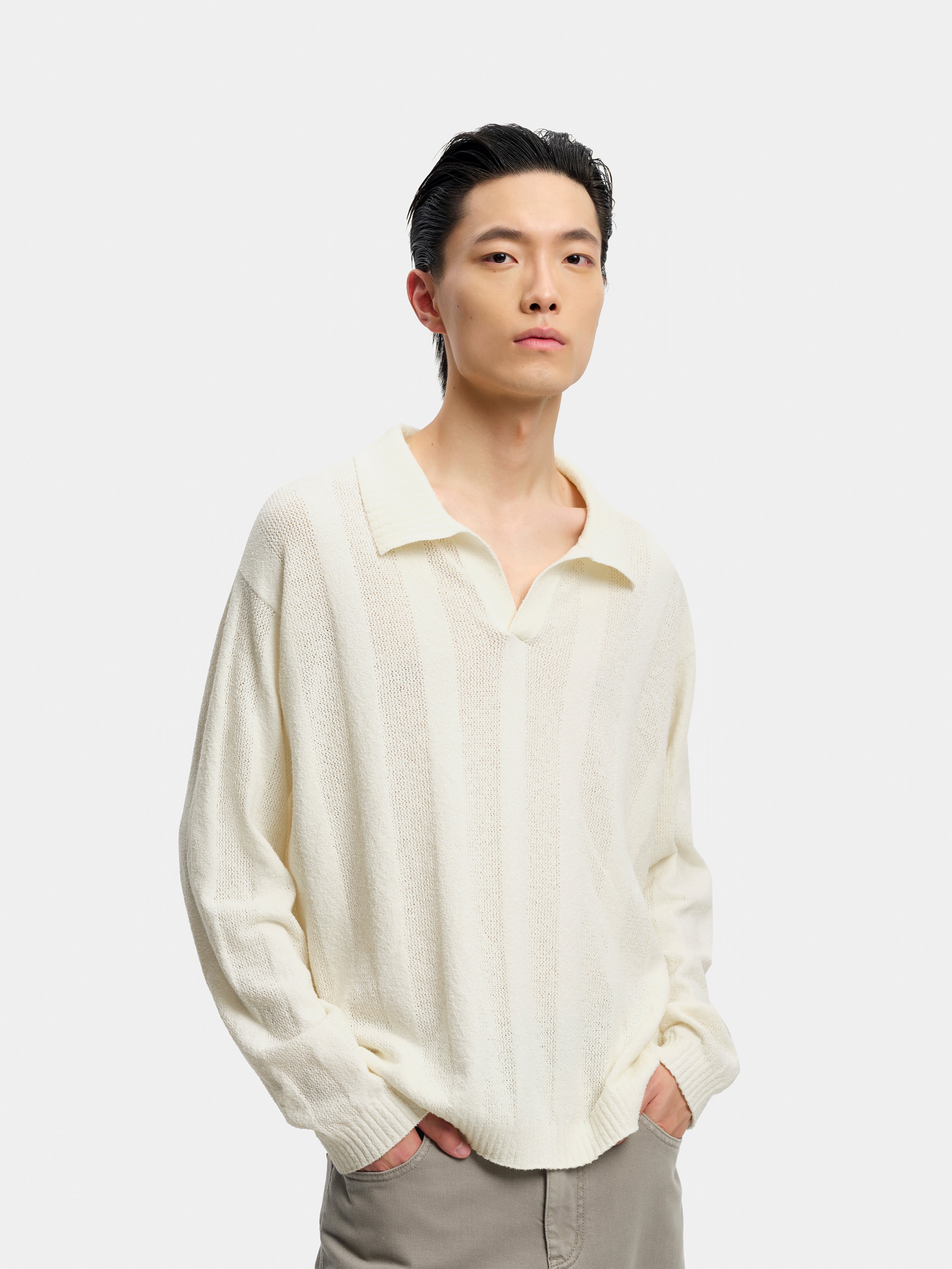 n. Relaxed Open-Collar Textured Pullover Knit